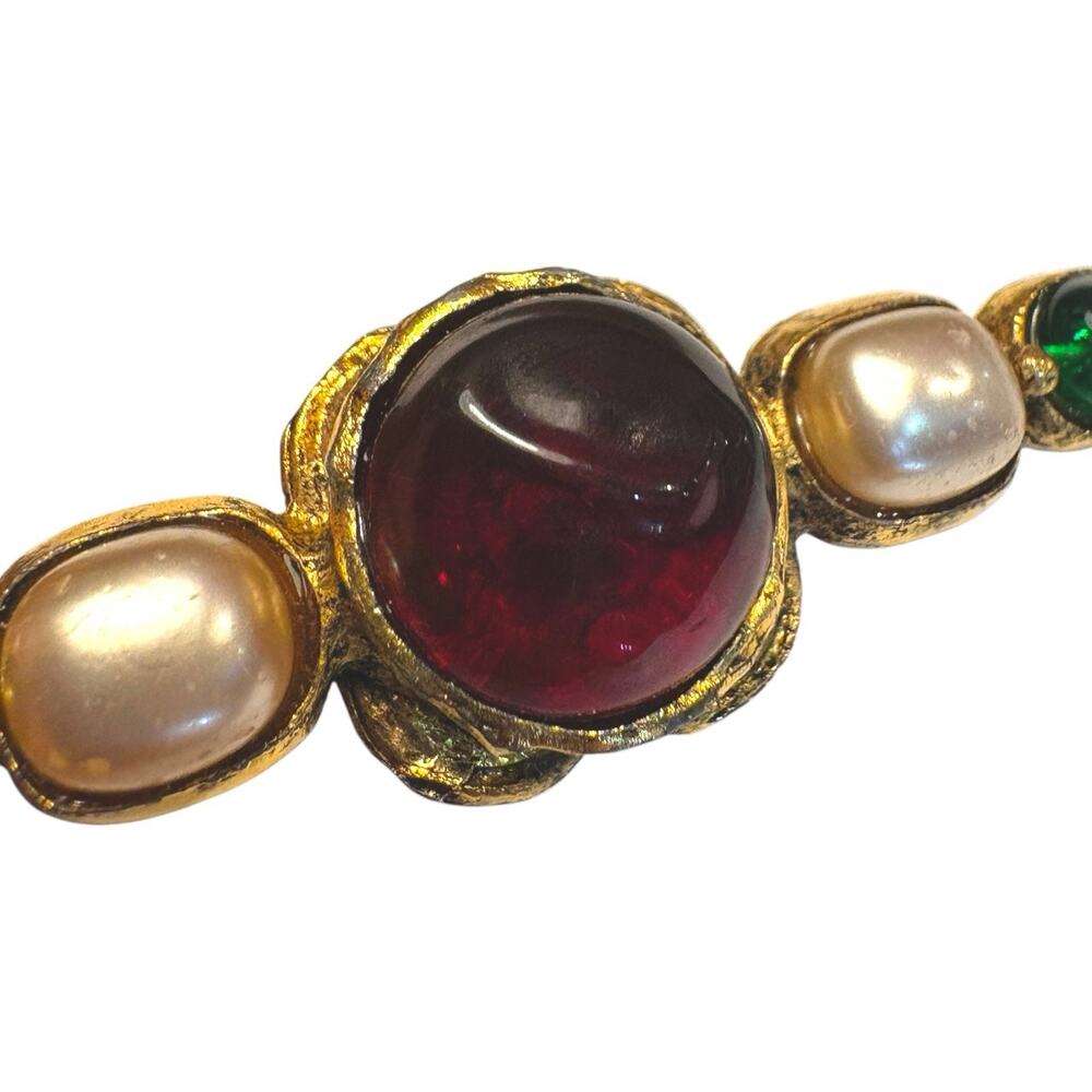 Vintage CHANEL 1986 Gripoix Glass Cabochon Bar Brooch Pearl Green CC Logo - Picture 9 of 14